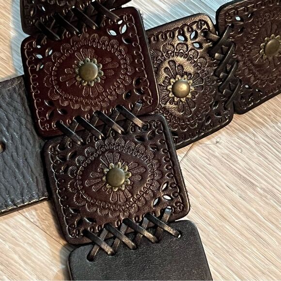 Vtg New Ralph Lauren wide leather belt Tooled Braid Brass buckle Boho Western L - Picture 7 of 16